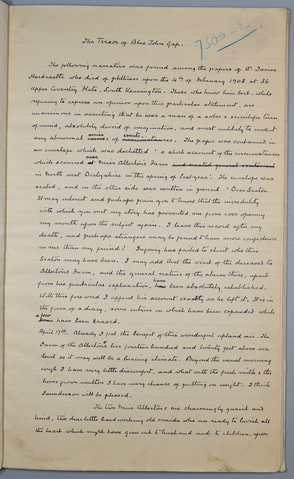 page 1 of the manuscript of "The Terror of Blue John Gap"