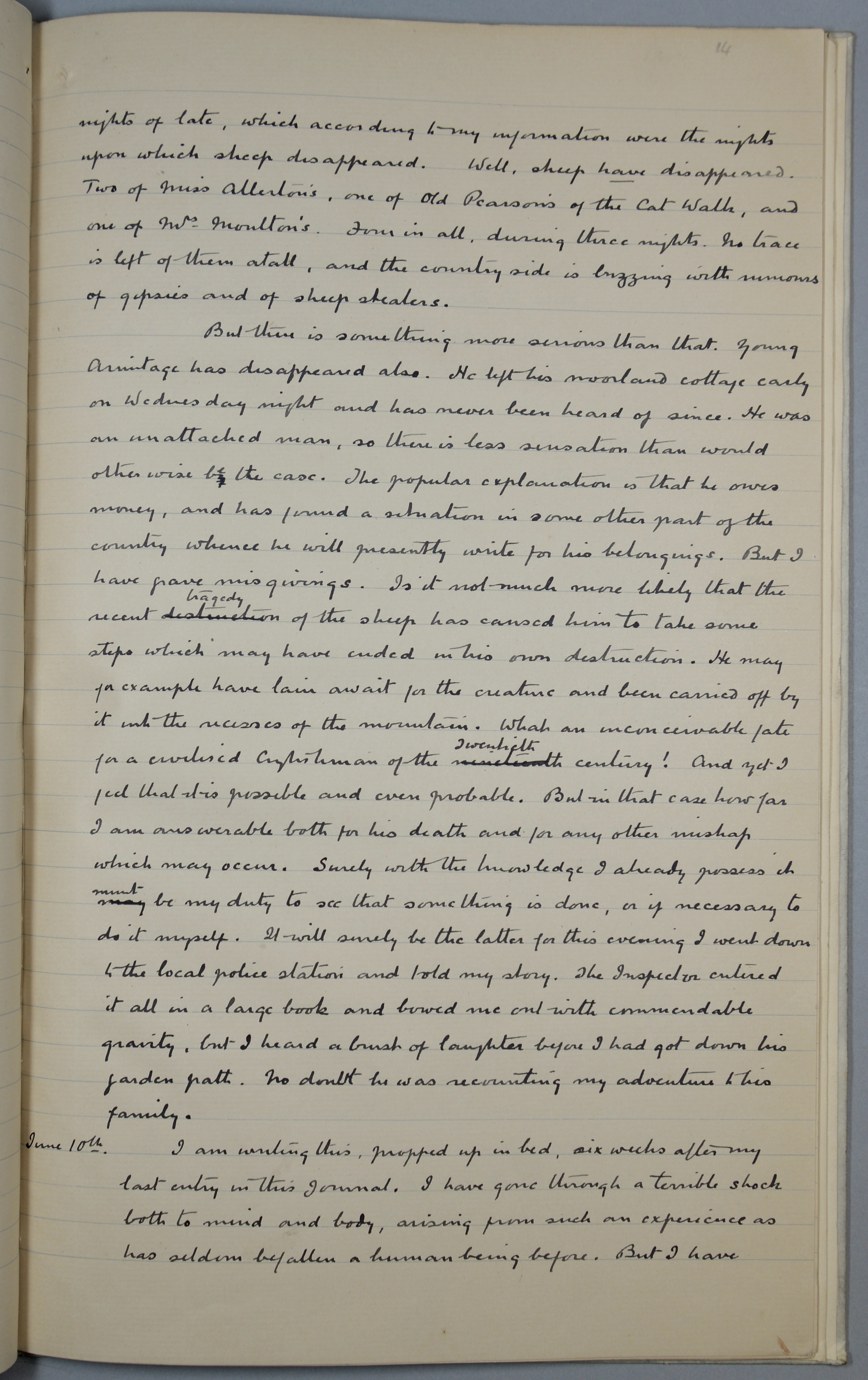 page 14 of the manuscript of The Terror of Blue John Gap
