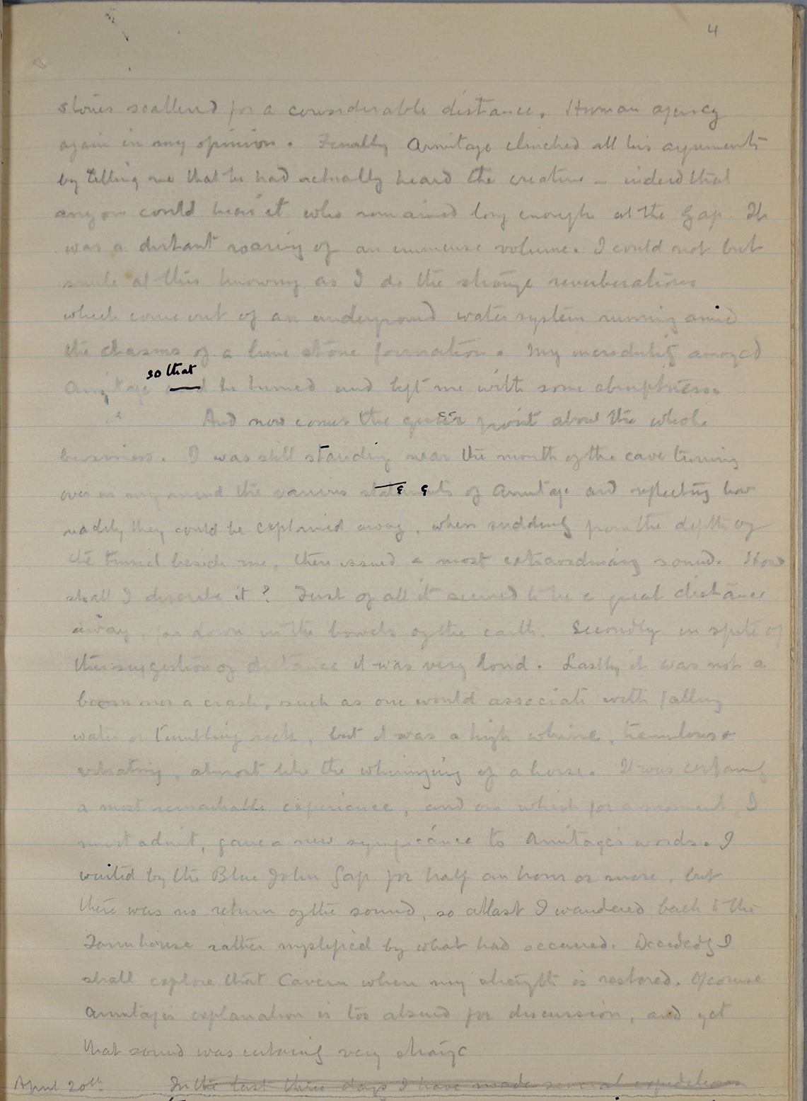 page 4 of the manuscript of "The Terror of Blue John Gap"