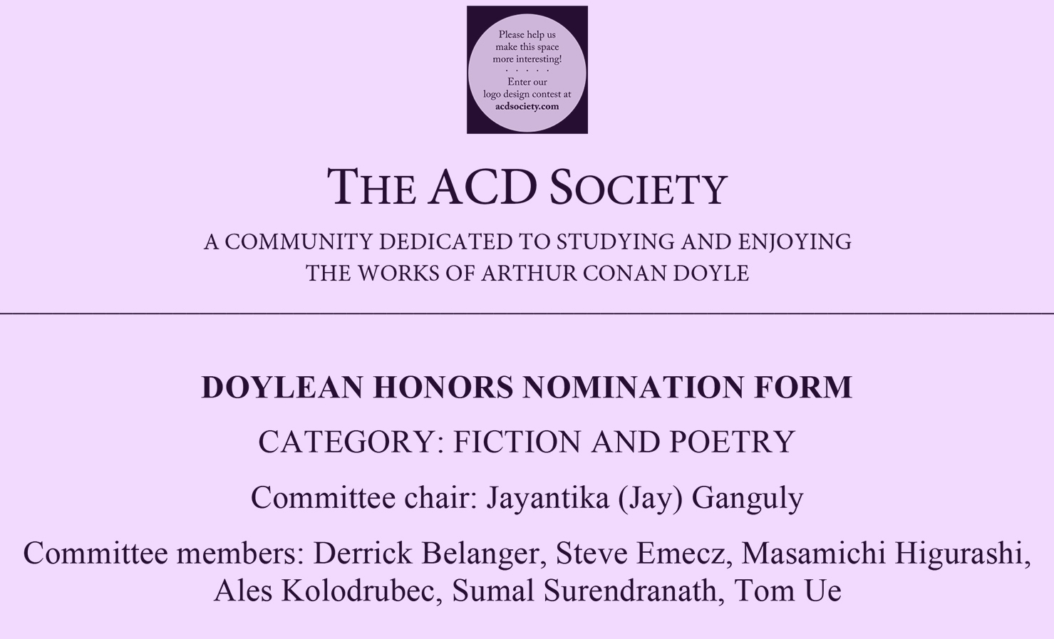 excerpt from Doylean Honors nomination form in the Fictoin and Poetry category
