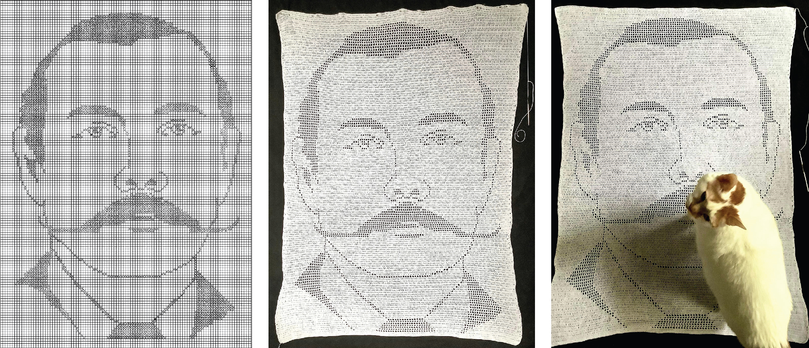3 images of Peggy's Arthur Conan Doyle doily, with her cat