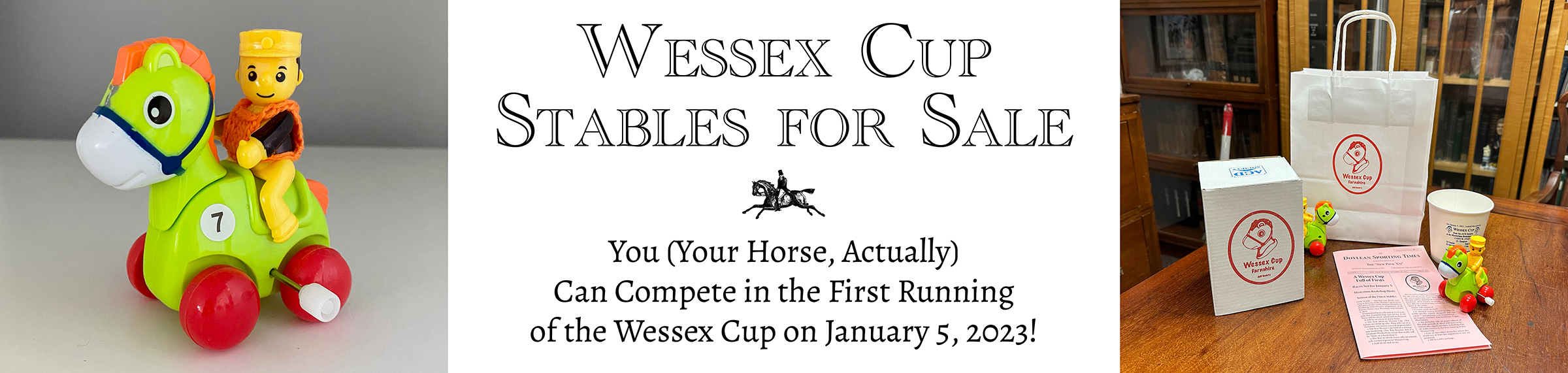 a wind-up toy horse, and a display of wessex cup stables, including 2 toy horses, a cup, a bag, a box, and a brochure