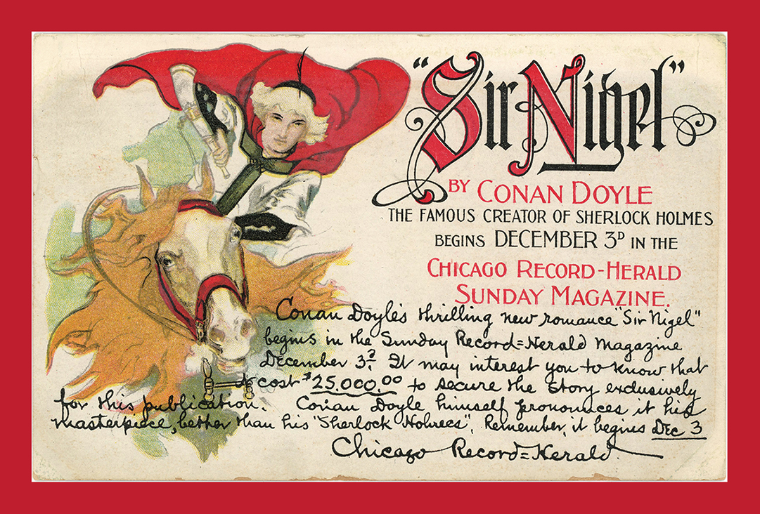 a postcard advertisement for the serial publication of "Sir Nigel"