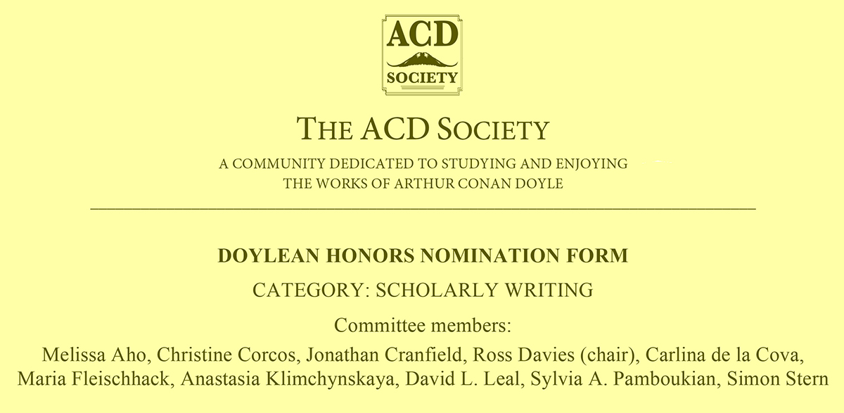 excerpt from Doylean Honors nomination form in the Scholarly Writing category