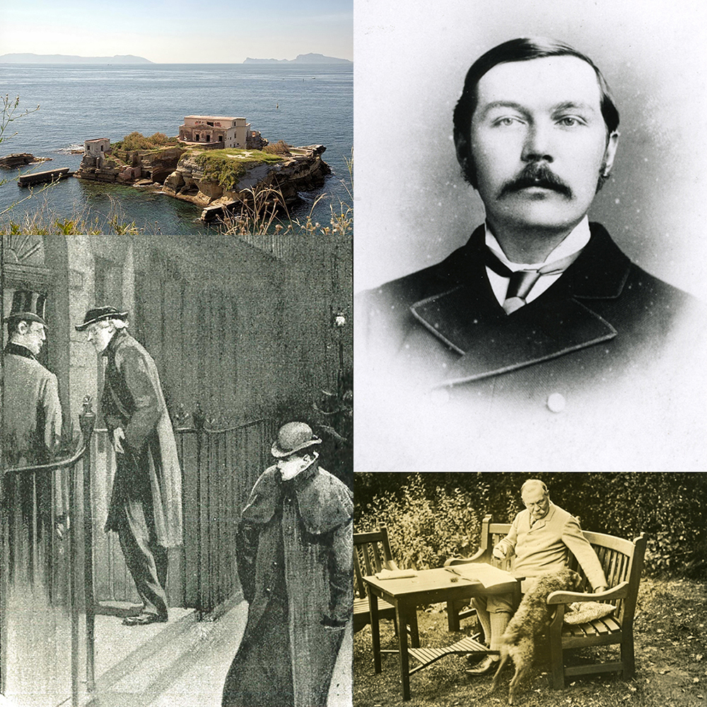 collage of four images - Gaiola Island, Arthur Conan Doyle, Arthur Conan Doyle with his dog, Sidnye Paget illustration from A Scandal in Bohemia