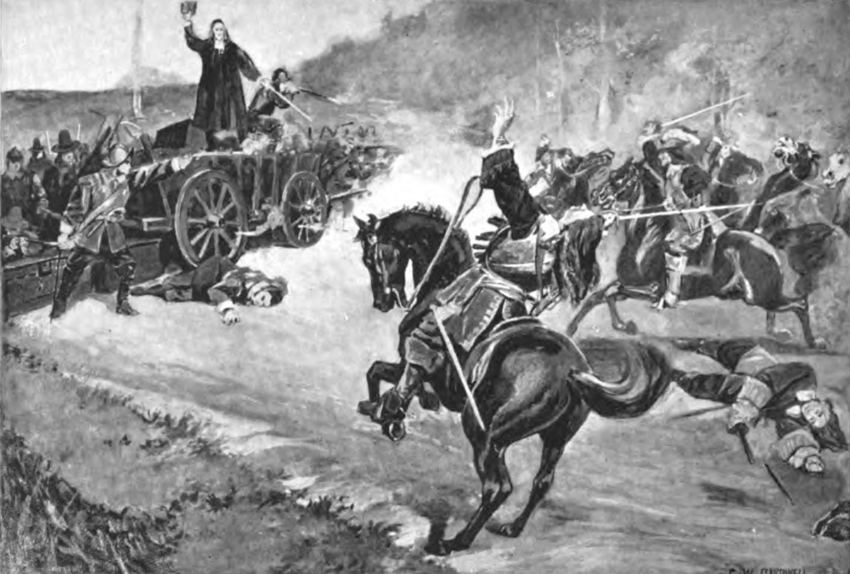 illustration from ACD's novel Micah Clarke with the caption "A brush with the Kind's dragoons"