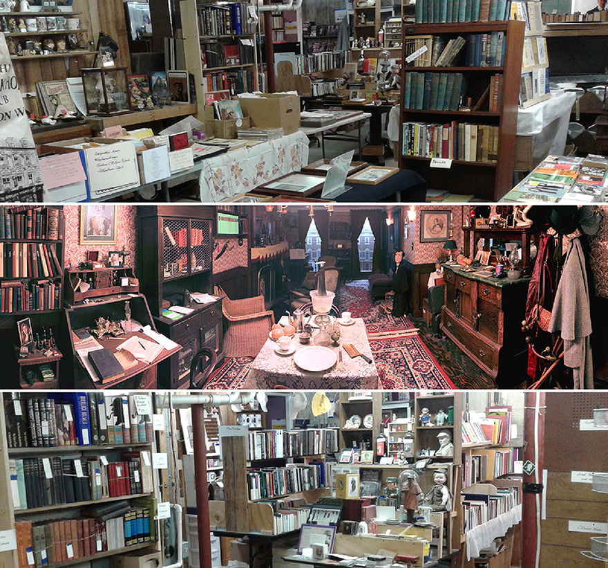 one photo of the Dobrys' recreation of 221B and 2 photos of the BSI book fair warehouse