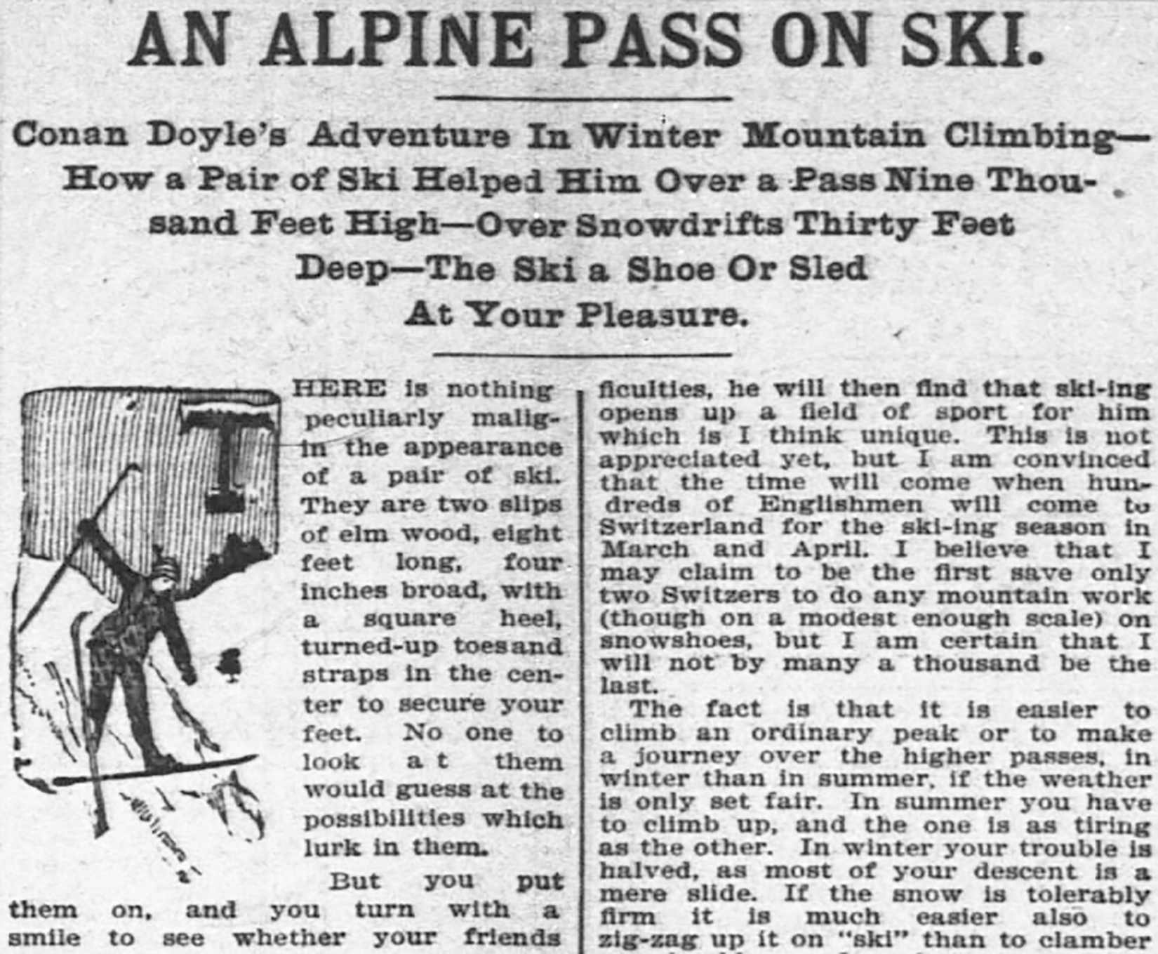news clipping of ACD ski strip to Switzerland in 1894
